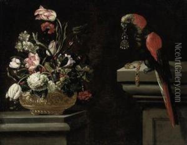 Parrot Tulips, Hydrangeas, Carnations And Other Flowers In An Urnwith A Parrot Holding An Earring In Its Beak On A Ledge Oil Painting - Andrea Scaccati