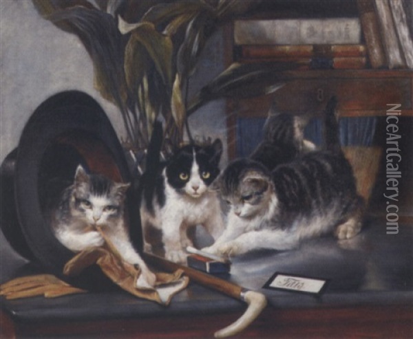 Kittens Playing With A Gentleman's Belongings Oil Painting - Vilhelm Eyvind Tilly
