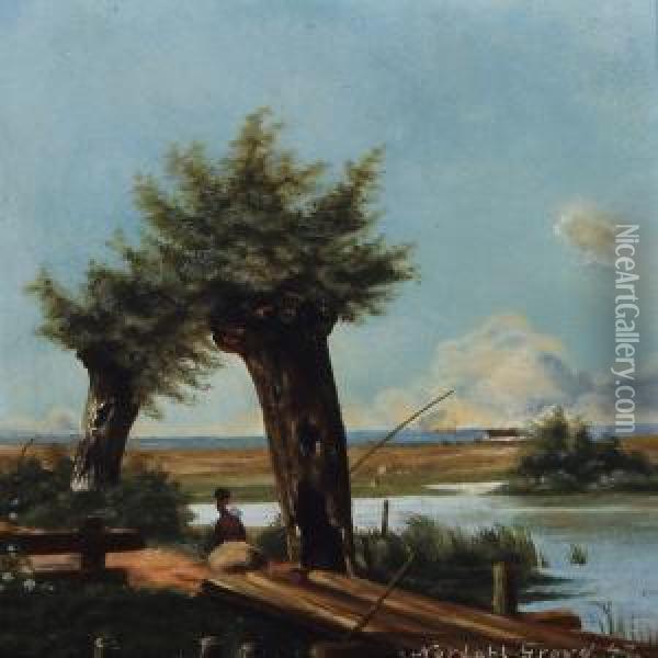 Scenery With A Small Fishing Lake Oil Painting - Nordahl Peter Frederik Grove