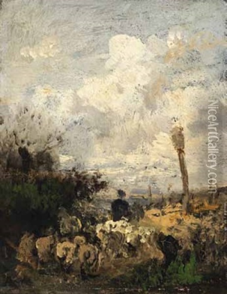 Schafer Mit Seiner Herde Oil Painting - Adolf Heinrich Lier