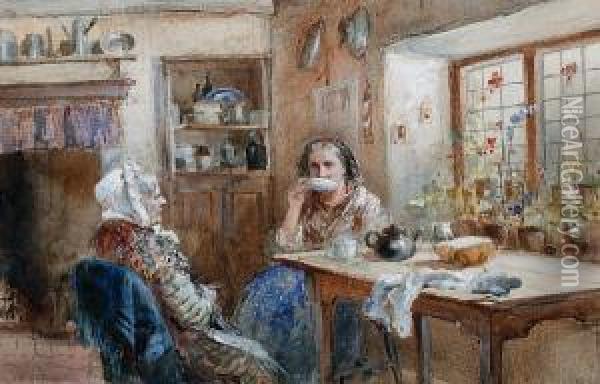 Two Women Taking Tea Oil Painting - Henry Whatley