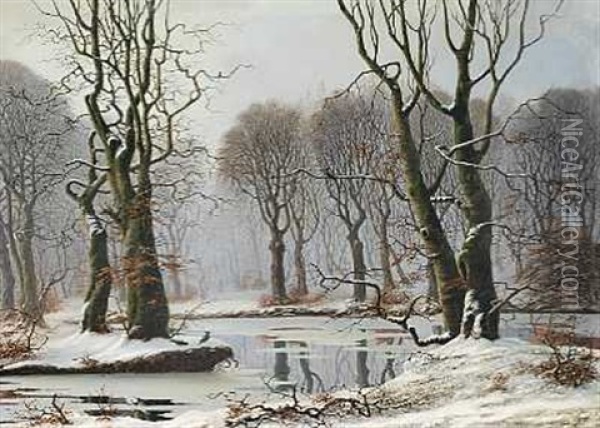 Vinterlandskab Med Alob Gennem Skoven Oil Painting - Nils Hans Christiansen