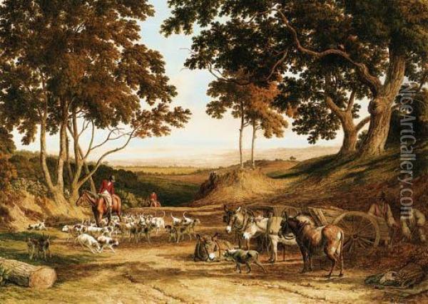 Huntsmen And Hounds On A Country Lane, With Donkeys And Labourerslooking On Oil Painting - Robert Hills