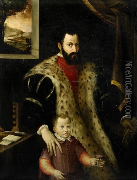 A Portrait Of A Senator With A Child Oil Painting - Domenico Tintoretto