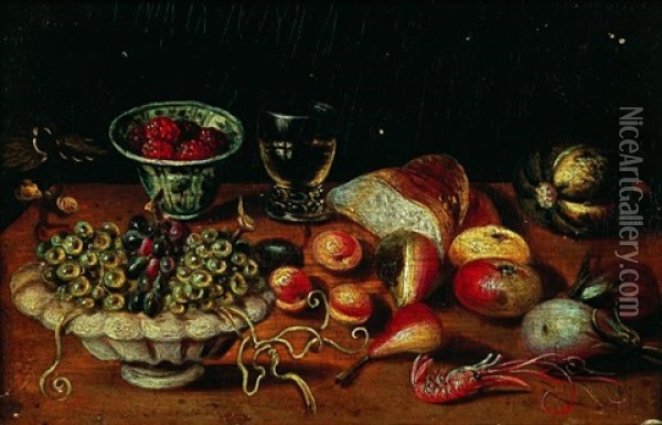 Nature Morte Aux Fruits, Crevette Et Verre De Vin Sur Un Entablement Oil Painting - Jan van Kessel the Younger