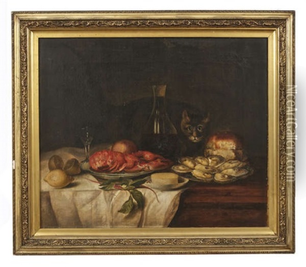 A Still Life Of Shellfish, A Carafe Of Wine, Lemons, Bread And Cheese With A Cat On A Tabletop Oil Painting - Martin Ferdinand Quadal