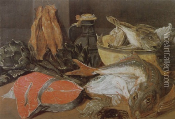 A Larder Still Life Of Fish, Crabs, Artichokes, A Pottery Jug And Bowl With A Fish On A Table Oil Painting - Alexander Adriaenssen the Elder