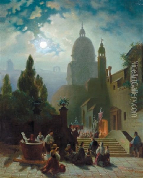 Nachtlicher Kirchgang In Venedig Oil Painting - Conrad Hoff