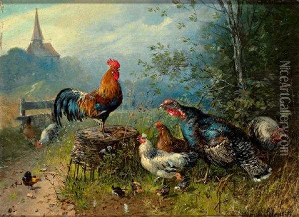 Federvieh Am Waldrand, Im Hintergrund Kleine Kapelle Oil Painting - Julius Scheuerer