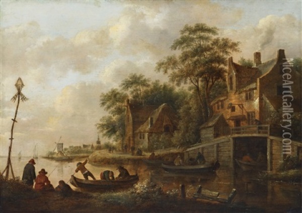 River Landscape With Ferryboats Oil Painting - Nicolaes Molenaer