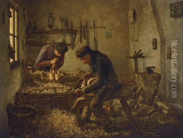 Clog Makers At Work Oil Painting - Jozef van Snick