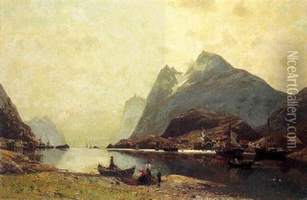 A Fisherman And His Family In A Fjord, Norway Oil Painting - Adelsteen Normann
