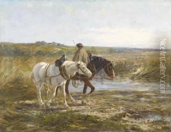 Landschaft Mit Rastendem Und Zwei Pferden Oil Painting - Leon Georges Calves