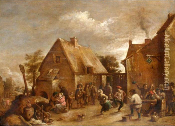 A Village Scene With Figures Merry Making And Dancing Oil Painting - David The Younger Teniers
