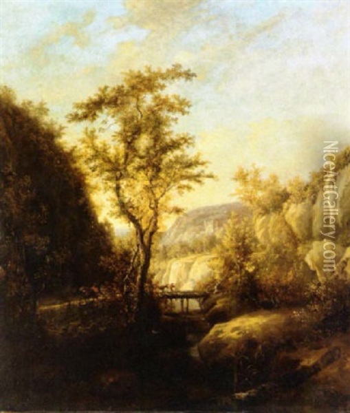 A Mountainous Landscape With Travellers On A Bridge Oil Painting - Jan Dirksz. Both