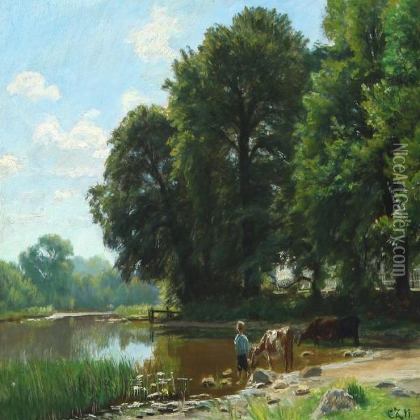 Summer Landscape With Boy And Cows At A Lake Oil Painting - Christian Zacho