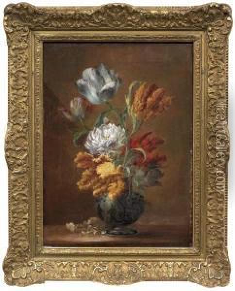 Blumenstillleben Mit Papageientulpen In Einer Vase Mit Chinadekor Oil Painting - August Wilhelm Sievert