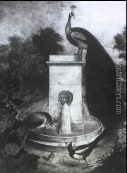 A Garden Fountain With Birds Oil Painting - James (Sillet) Sillett