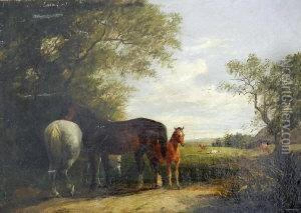 Horses In A Landscape Oil Painting - Arthur James Stark