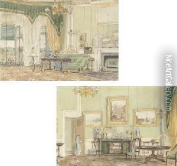 Two Interiors Of The Drawing Room At 4, Seamore Place, London Oil Painting - Emily Rebecca Prinsep