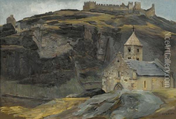 Le Chateau De Tourbillon Et La Chapelle De Tous-les-saints Oil Painting - Ernest Bieler
