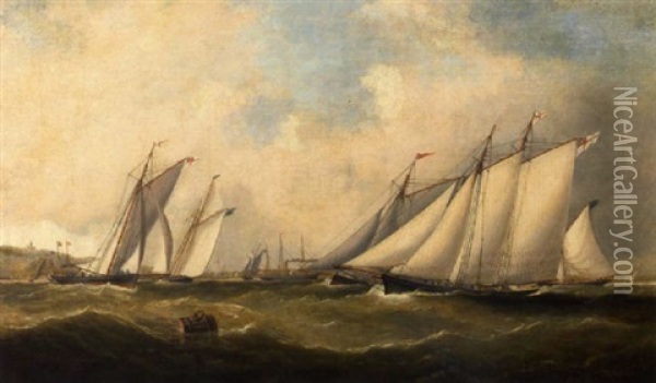 Yachts Racing For The Mark At Cowes Regatta With A Two-masted Schooner Just Ahead Of The Pack Oil Painting - Arthur Wellington Fowles