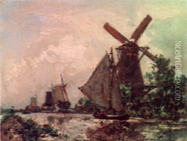 A Windmill In A Riverside Seascape Oil Painting - Johan Barthold Jongkind