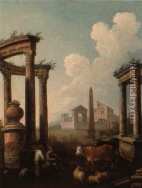 Shepherds Resting Amongst Classical Ruins Oil Painting - Adriaen Van Diest