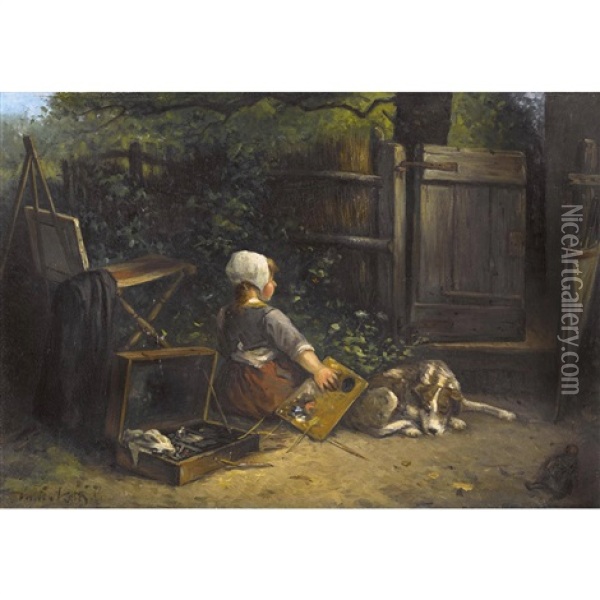 Sitzendes Madchen Mit Malpalette Und Hund Oil Painting - Johannes Marius ten Kate