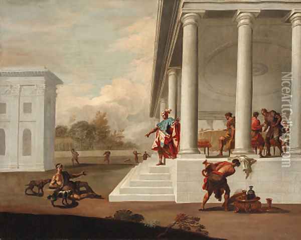 A classical portico with Dives and Lazarus Oil Painting - Italian School