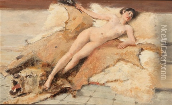 Female Nude On A Lion Pelt Oil Painting - Albert von Keller