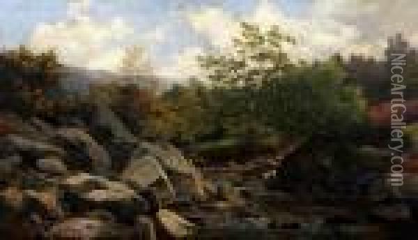 An Extensive Rocky River Landscape Oil Painting - Benjamin Williams Leader