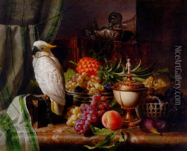 A Cockatoo, Grapes, Figs, Plums, A Pineapple, And A Peach With Other Objects On A Marble Ledge Oil Painting - Josef Schuster