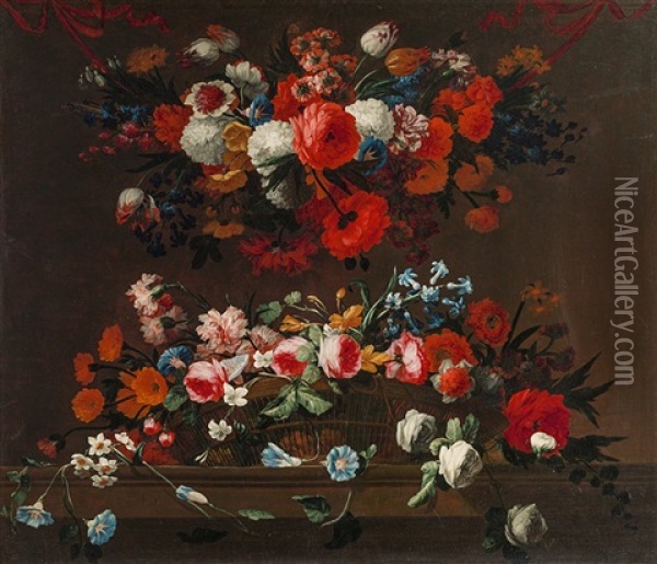 A Flower Garland With Flower Basket On A Stone Base Oil Painting - Pieter Casteels III