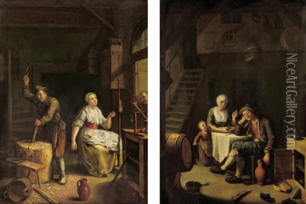 A Carpenter At Work And A Woman At The Spinning Wheel In An Interior Oil Painting - Johann Jakob Mettenleiter