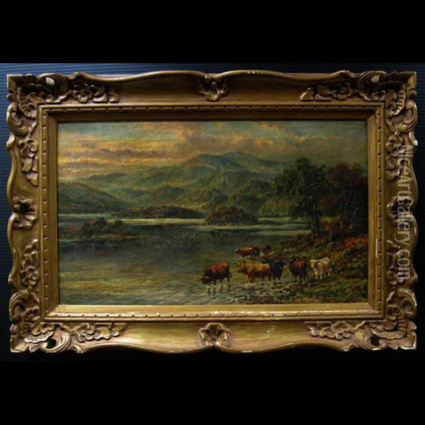 Highland Cattle Watering - Loch Killin Oil Painting - William Langley