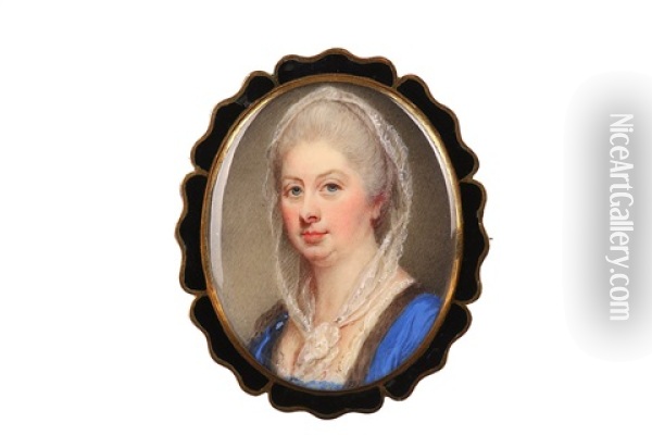 Portrait Miniature Of A Lady, Wearing A Blue Dress Trimmed With Fur, White Lace Oil Painting - Jeremiah Meyer