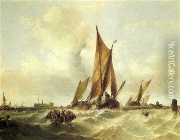 Fishing Boats Offshore In Choppy Sea Oil Painting - Alfred Montague