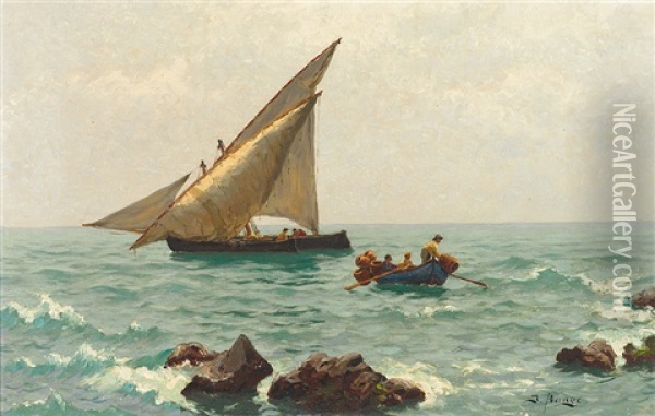 Morgenstimmung An Der Adria Mit Fischerbooten Und Langustenfischern Oil Painting - Julius Friedrich Ludwig Runge