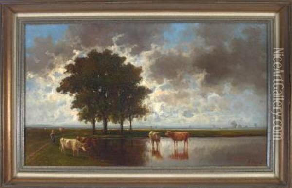 Bauerin Mit Vier Kuhen Am Ufer In Weiter Bewolkter Landschaft Oil Painting - Heinrich Neppel