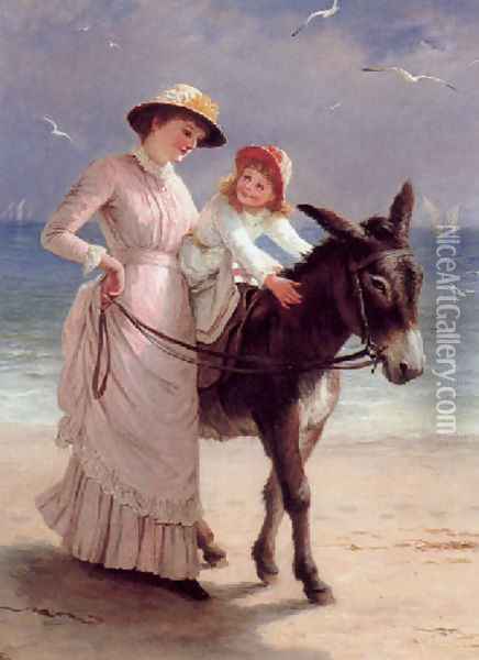 Mother and child promenading on a beach with a donkey Oil Painting - Jane Maria Bowkett