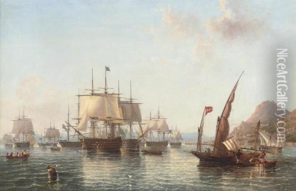 Admiral Lord Exmouth's Fleet Preparing To Leave Oil Painting - John Wilson Carmichael