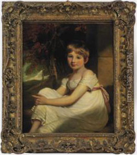 Portrait Of Miss Frances Sophia Hunter, Three-quarter-length, Seated In A Wooded Landscape In A White Dress With A Pink Sash With Identifying Inscription On An Old Label (on The Reverse) Oil Painting - Martin Archer Shee