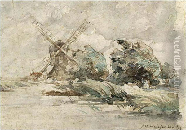 Windmill In A Windy Polder Landscape Oil Painting - Jan Hendrik Weissenbruch