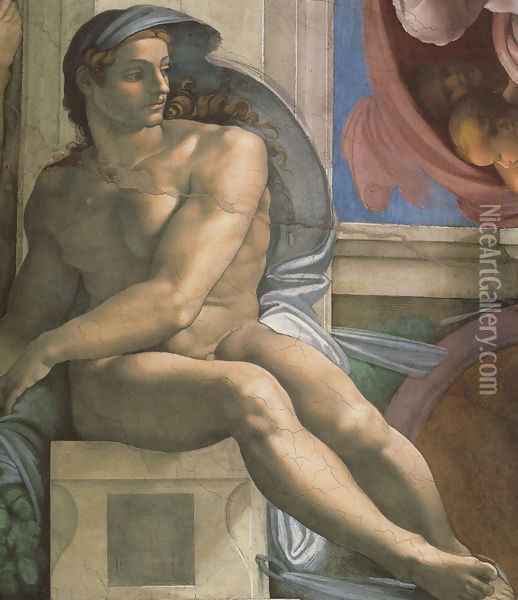 Ceiling of the Sistine Chapel: Ignudi, next to Separation of Land and the Persian Sybil [left] Oil Painting - Michelangelo Buonarroti