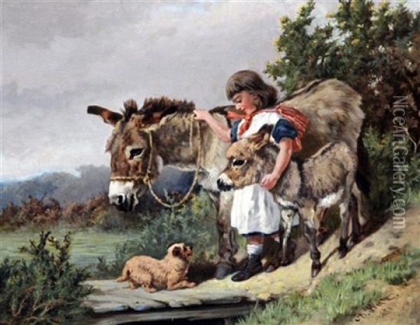 Girl With Donkey, Foal And A Terrier Oil Painting - Arthur Batt