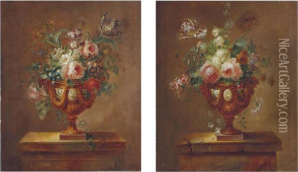 Deux Bouquets De Fleurs Dans Des Vases En Bronze Sur Des Entablements De Pierre Oil Painting - Joseph Laurent Malaine