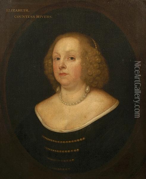 Portrait Of Elizabeth Countess 
Rivers, Long Bust Length With Black Gown And Pearl Jewellery Oil Painting - Cornelius Jonson
