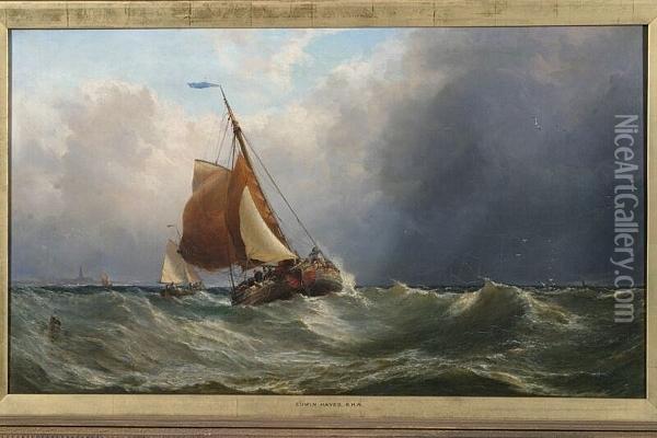 Dutch Barges In A Stiff Breeze Off The Coast, Signed And Dated 1869 Oil Painting - Edwin Hayes