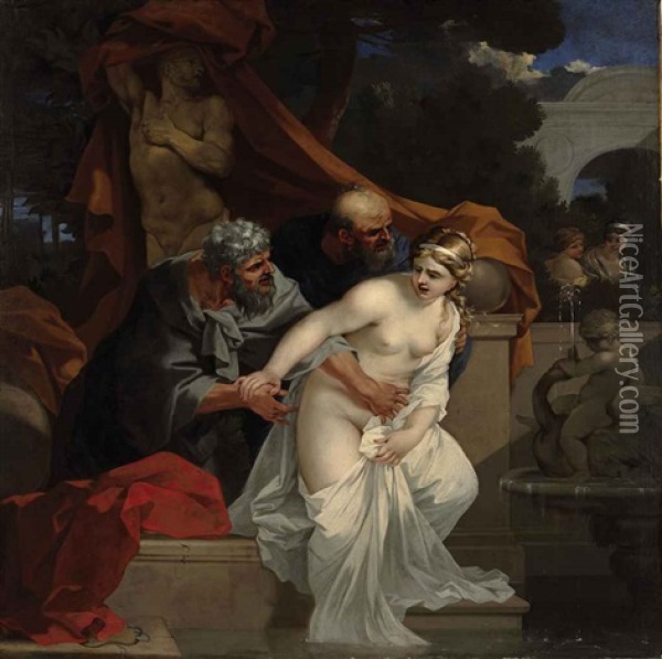 Susanna And The Elders Oil Painting - Sebastien Bourdon